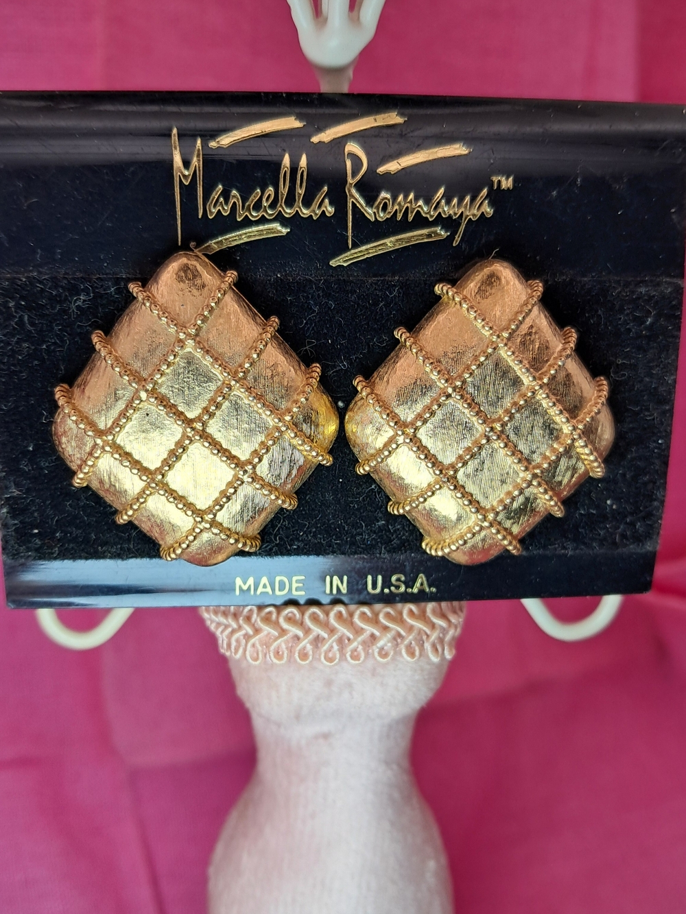 Marcella Romaya Vintage Diamond Shaped Quilted Lattice Statement Earrings